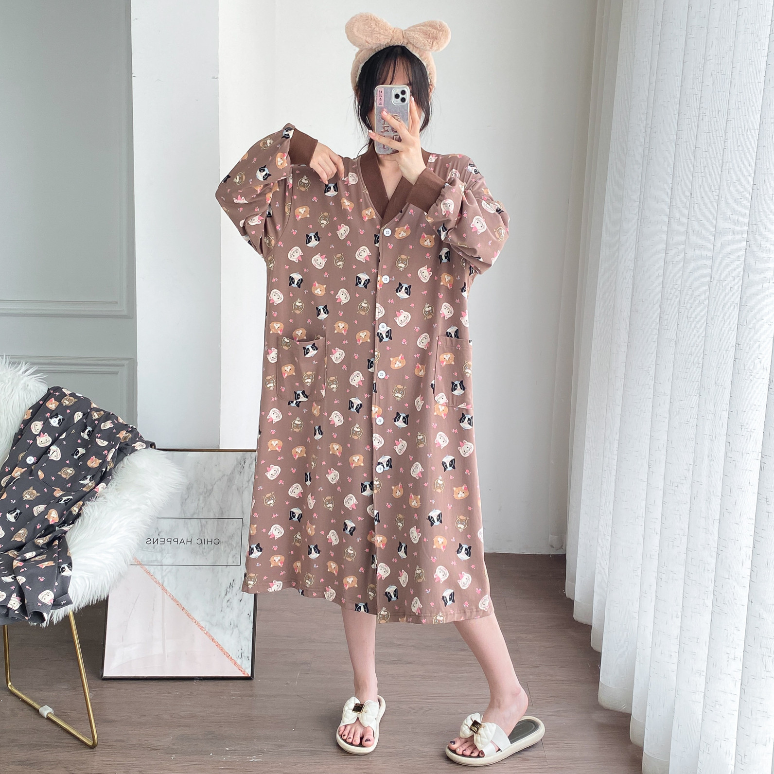 针织棉V领加长200斤孕妇睡裙