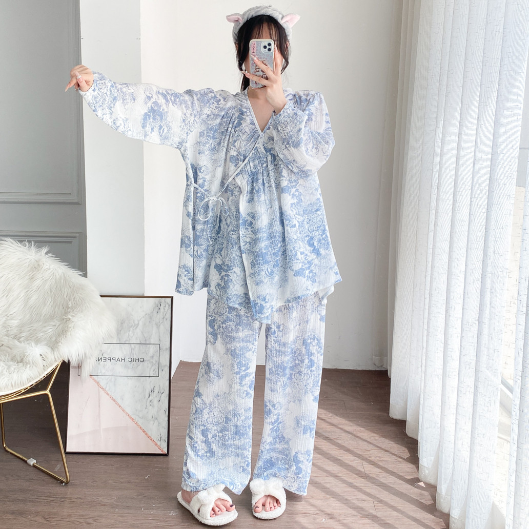 加大码纯棉双层纱哺乳睡衣套装