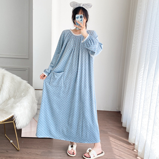 波点海岛绒加长睡裙冬季加肥大码超长孕妇胖mm200斤保暖加绒睡袍