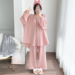 带胸垫纯棉纱布V领开衫长袖长裤睡衣加肥大码胖MM200斤宽松家居服