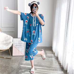 花边七分裤睡衣女夏季纯棉加大码短袖套装宽松可爱孕妇胖MM家居服