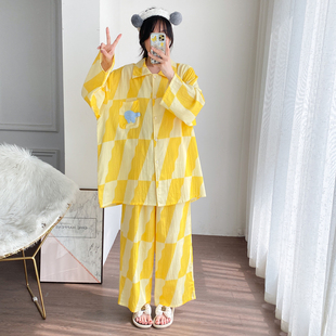 翻领开衫长袖长裤纯棉双层纱布睡衣加大码胖MM200斤宽松家居服