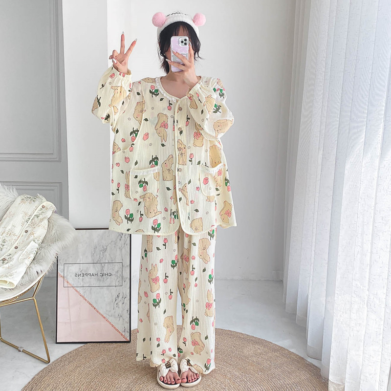 哺乳纯棉双层纱布开衫睡衣V领花边长袖大码宽松胖MM孕产妇月子服