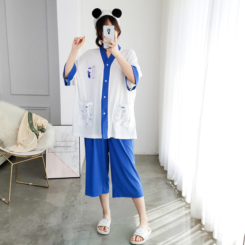 女坑条棉卡通V领家居服睡衣