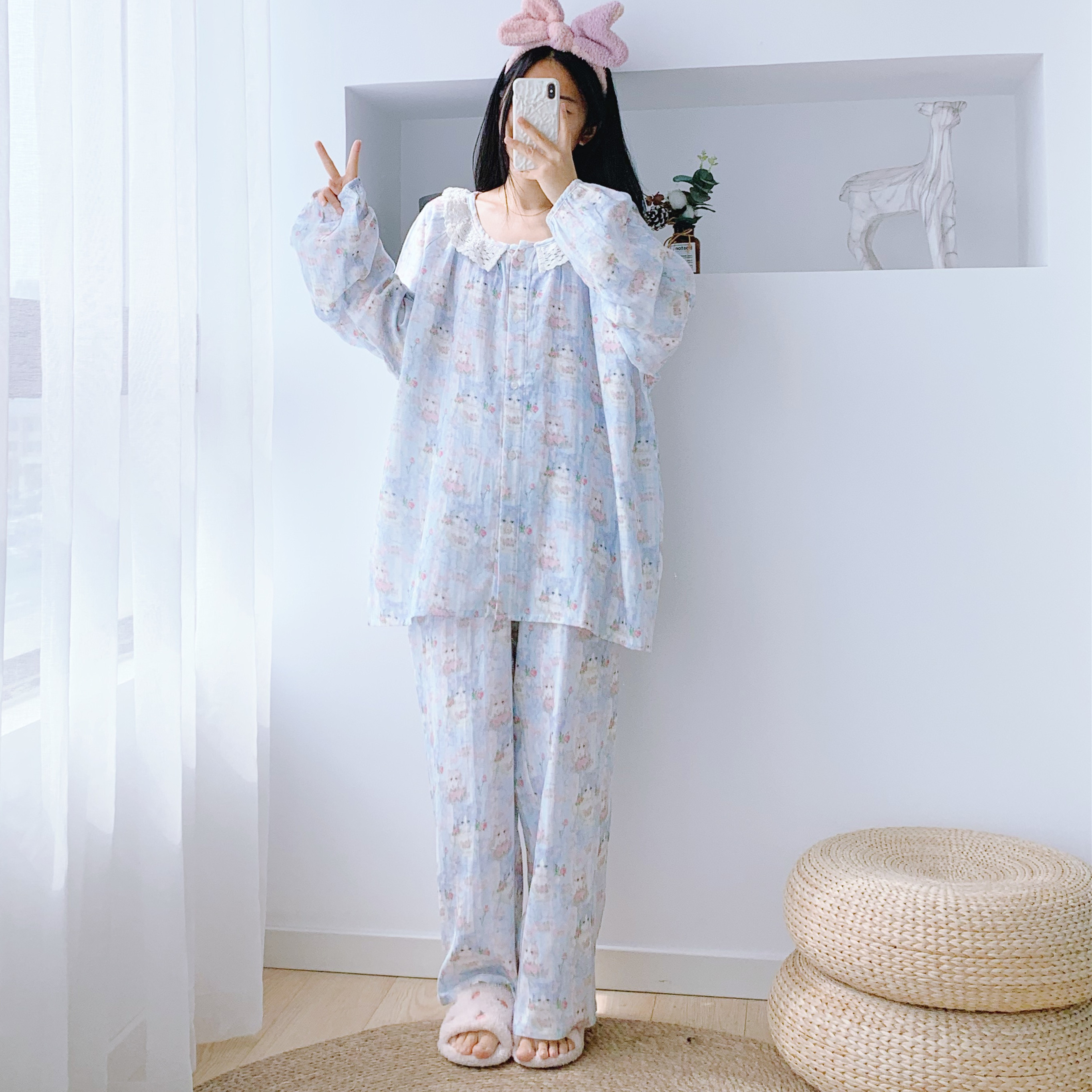 纯棉双层纱布加大码女睡衣套装