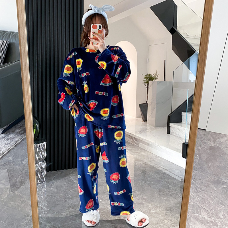 加大码卡通加绒睡衣女两件套冬季天鹅绒胖MM200斤保暖加厚家居服