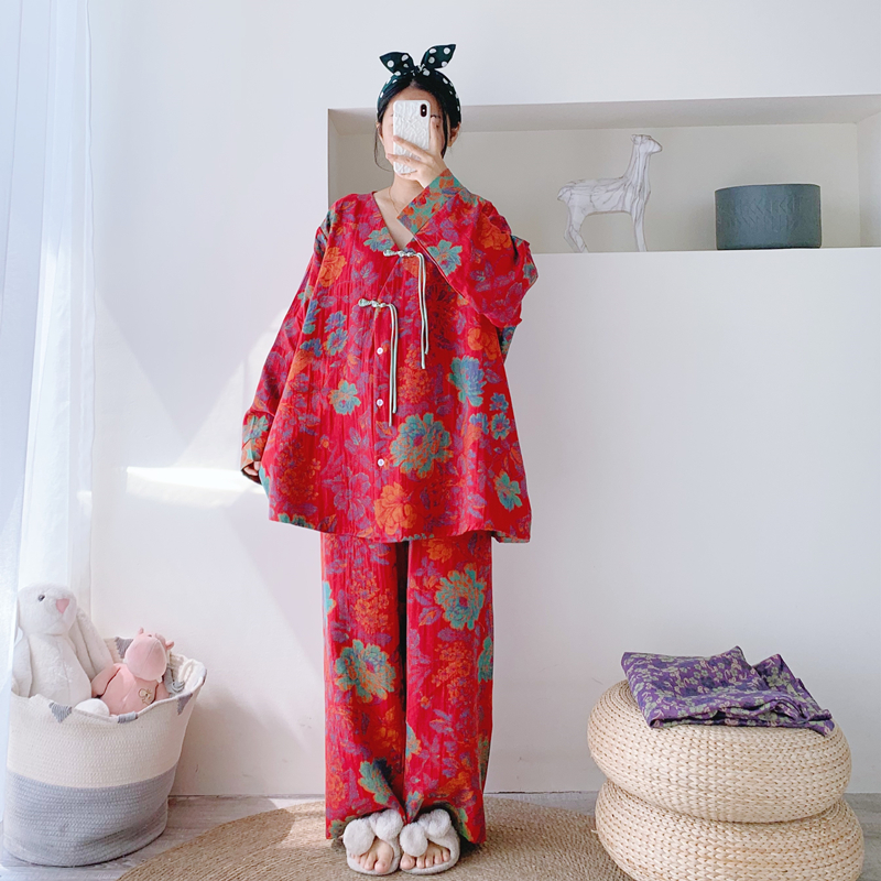 女纯棉双层纱新中式家居服