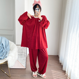 海岛绒圆领花边睡衣女加大码天鹅绒套装胖mm200斤宽松加绒家居服