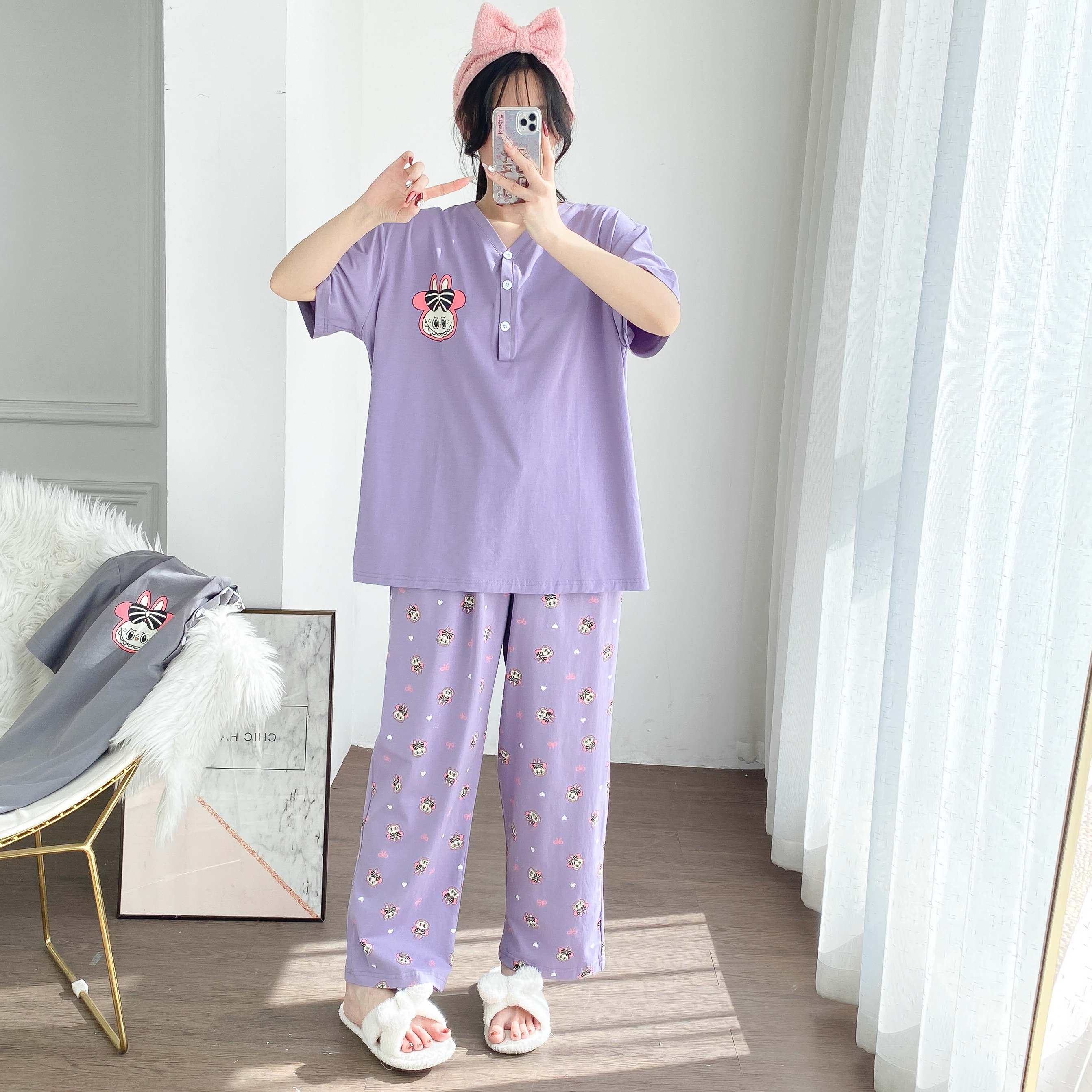 纯棉V领开扣大码女睡衣套装