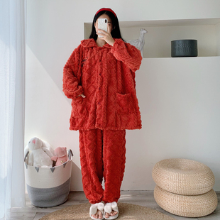 红色本命年加厚大码冬季开衫法兰绒睡衣女两件套胖mm200斤家居服