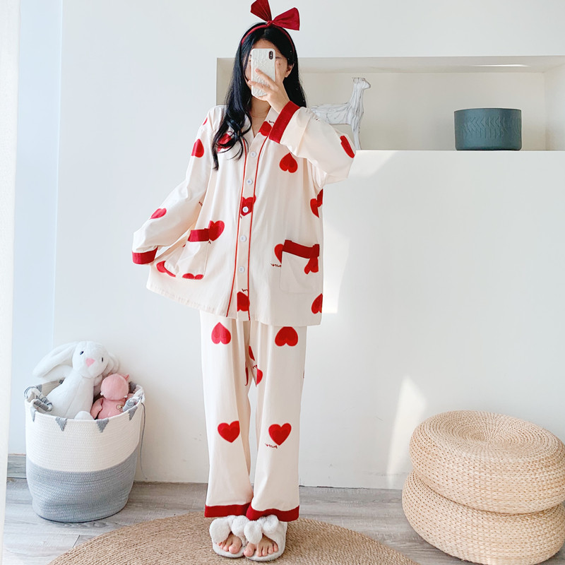 女针织棉爱心V领睡衣家居服