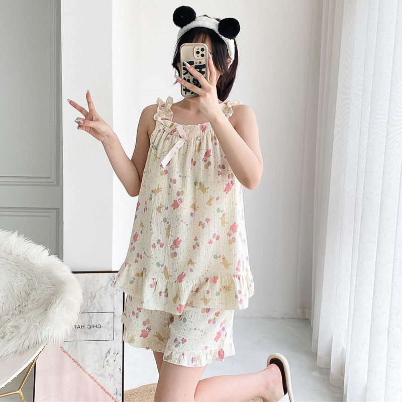 纯棉带胸垫纱布无袖睡衣女夏季加大码吊带短裤胖MM家200斤家居服