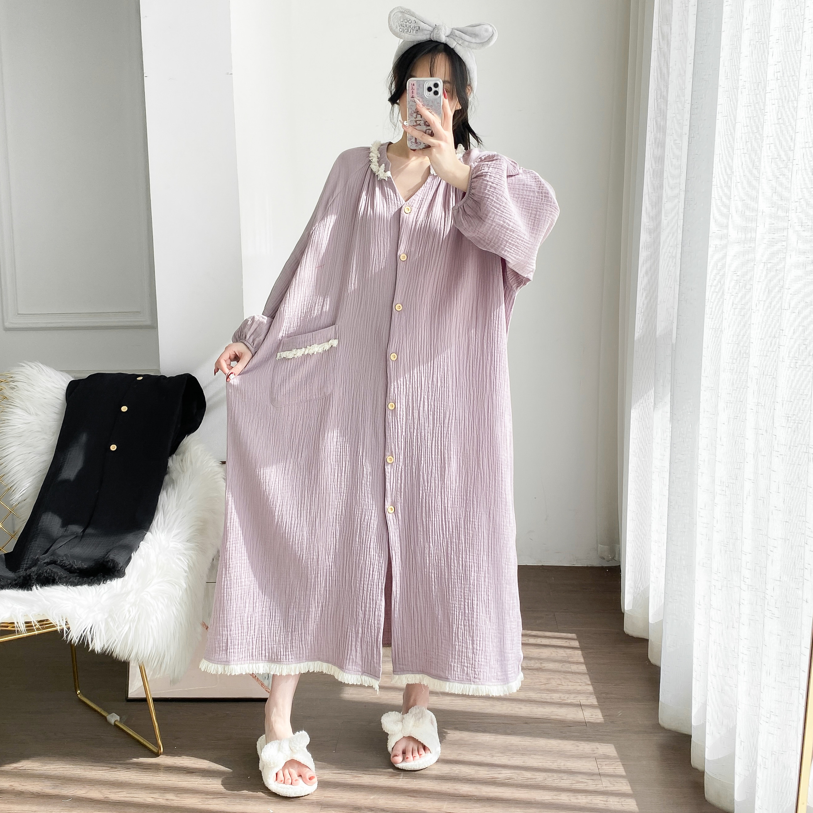 流苏花边纯棉双层纱超加长大码睡裙开扣孕妇胖MM200斤长袖家居服