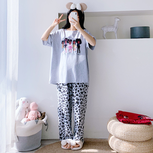 卡通圆领短袖长裤情侣纯棉睡衣春夏大码两件套胖mm男女宽松家居服
