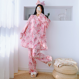 纯棉国风斜襟纱布加长睡衣女长袖长裤加大码胖mm200斤宽松家居服