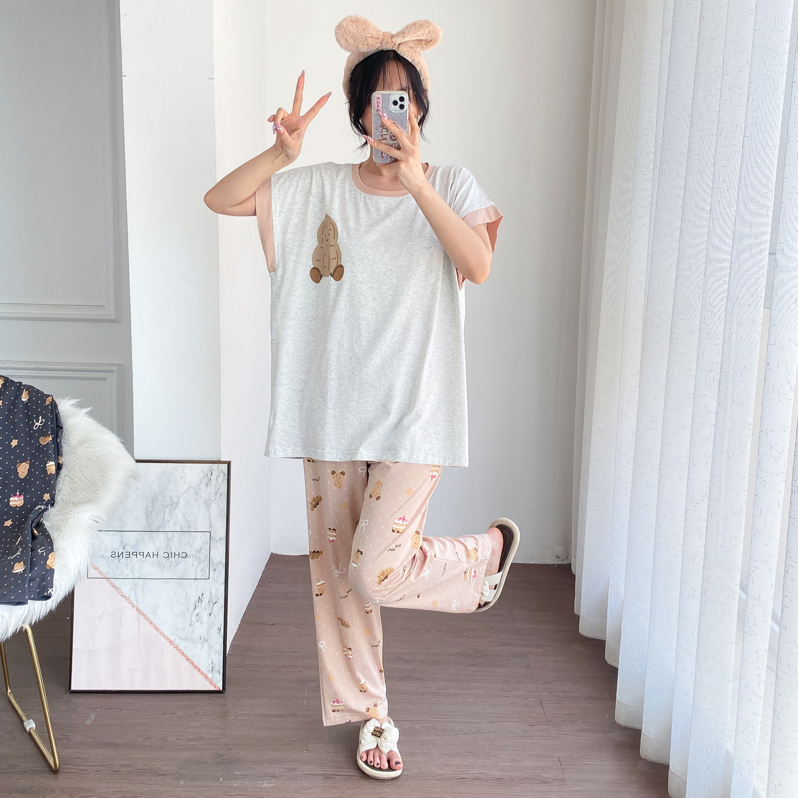 纯棉带胸垫加大码女睡衣套装