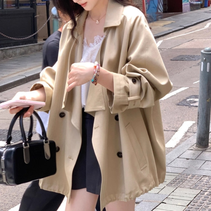 莱赛尔天丝棉撞色扣荡领上衣女秋廓形可调节扣袢风衣外套