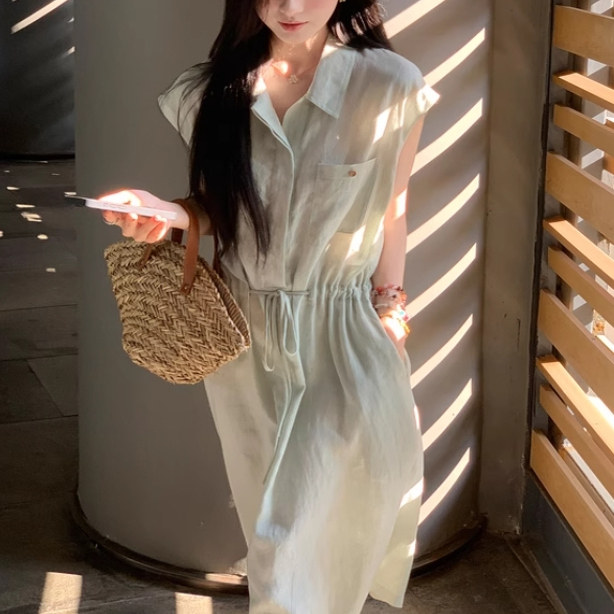 全亚麻抽绳收腰无袖V领连衣裙女夏慵懒风清新薄荷绿衬衫裙图片