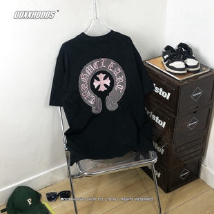pink色粉红佳人ins刺绣镂空网格马蹄十字架潮牌纯棉打底短袖T恤衫