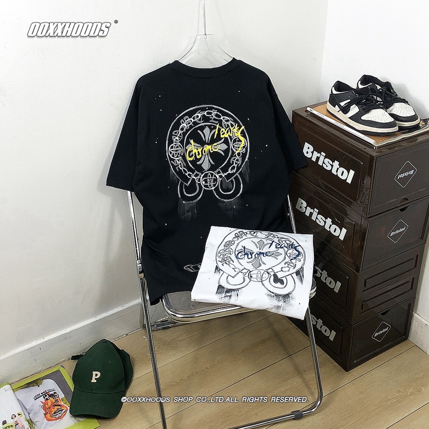 油漆涂鸦ins印花270G重磅厚料潮牌十字架马蹄符文男女情侣短袖T恤