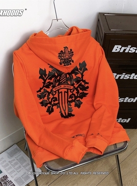 运动橙色黑宝剑十字架CH印花薄长袖上衣欧美潮牌时尚男女套头卫衣