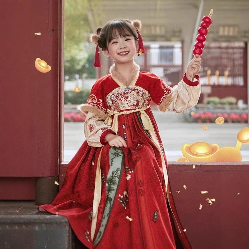 女童冬装2025新款汉服连衣裙儿童加厚古装拜年服中唐装旗袍裙