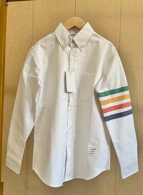 网红同款彩色四道杠白色长袖衬衫男女休闲百搭青少年衬衣薄外套