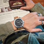 领翔新款 风简约大表盘绿表盘手表男表 复古皮带表户外工装 男士 美式