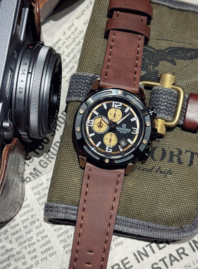 Naviforce新款男士复古皮带飞行员六针计时防水户外工装风手表男