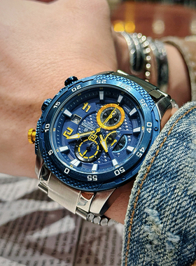 领翔naviforce新款大表盘超霸气钢带六针男表石英表蓝绿盘防水表