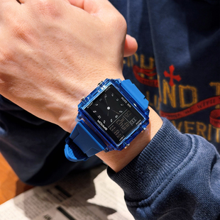 新款中学生体育训练运动防水方形透壳电子表计时闹钟换电池手表男