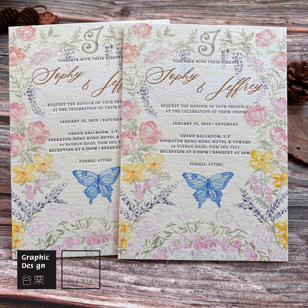 Letterpress600g水彩手绘花纹棉纸高端喜帖婚礼请柬定制设计印刷