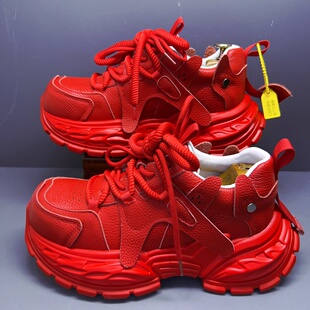 2026年本命年红色男鞋新款厚底增高老爹鞋头层牛皮休闲运动鞋潮鞋