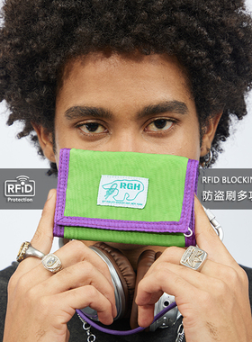 RGH 防盗刷尼龙钱包轻薄防水卡包零钱包女款绿紫撞色银包大学生男