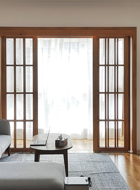 定制樟子松木实木阳台书房厨房左右推拉玻璃木门钢化玻璃透光性好