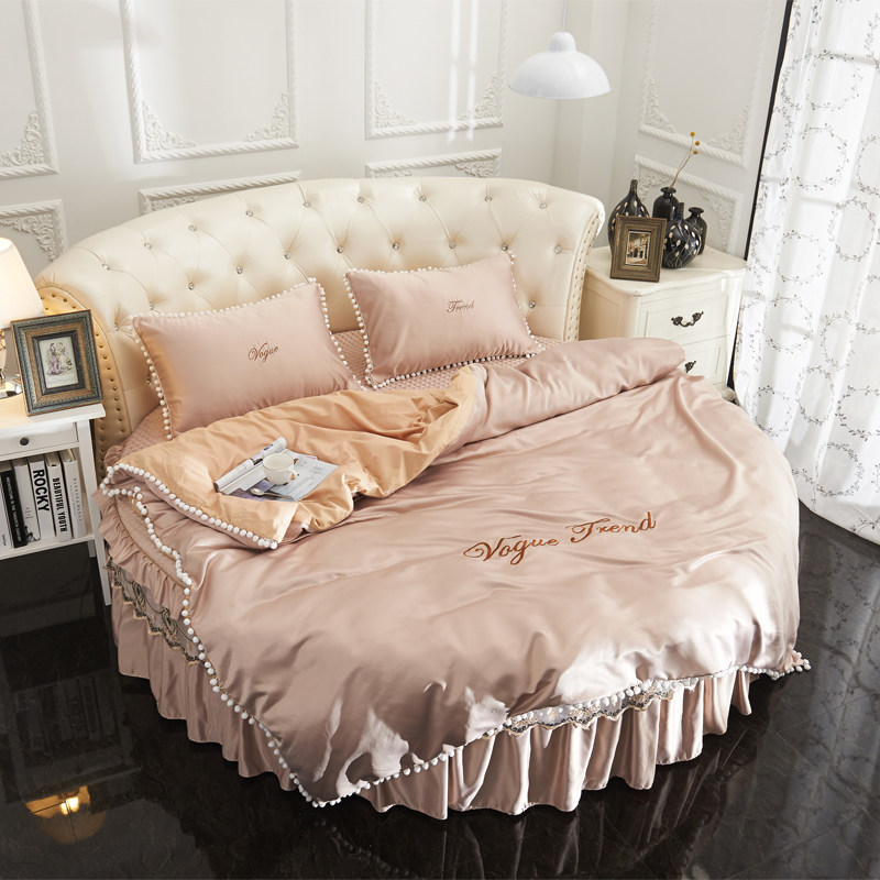 加厚水洗真丝圆床四件套夏季冰丝床罩圆形床裙圆床笠床套床上用品