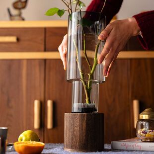 简约创意木托玻璃花瓶直筒银柳龟背竹瓶富贵竹大花瓶客厅装饰摆件