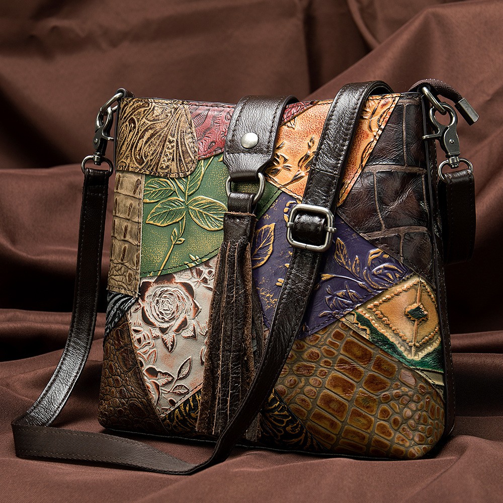 2025新款真皮女士拼接单肩包潮酷流苏斜挎包大容量头层牛皮手提包