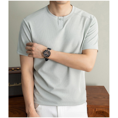 男士夏季亨利领短袖透气T恤