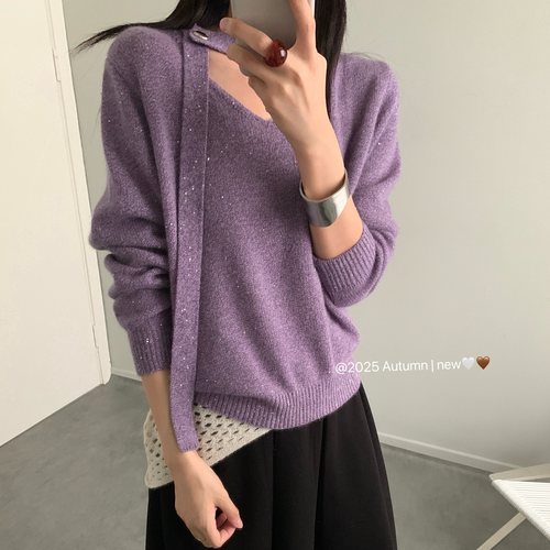 韩系穿搭挂脖飘带法式羊毛针织