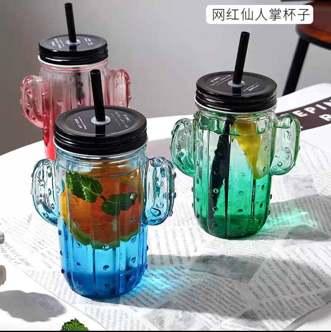 ins梅森吸管杯 仙人掌玻璃杯带盖饮料喝水杯子家用创意牛奶咖啡杯