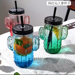 仙人掌玻璃杯带盖饮料喝水杯子家用创意牛奶咖啡杯 ins梅森吸管杯