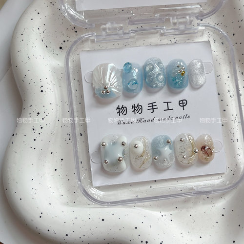 25新款纯手工蓝色大海气质高品质穿戴甲爆闪可拆卸手工穿戴甲美甲