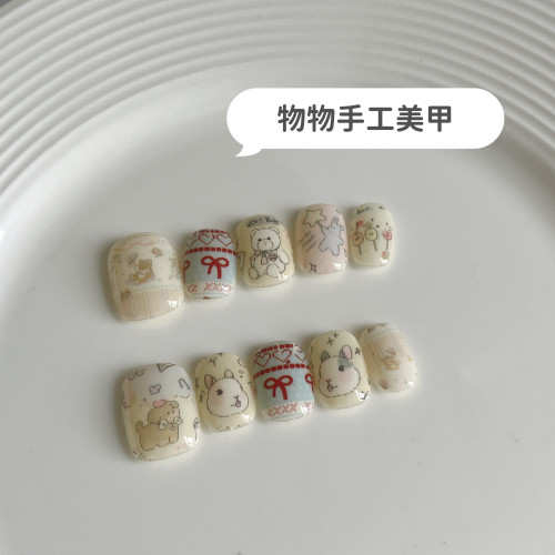 手工穿戴甲 奶白手绘兔子头蝴蝶结可爱卡通短甲 可拆卸美甲假指甲