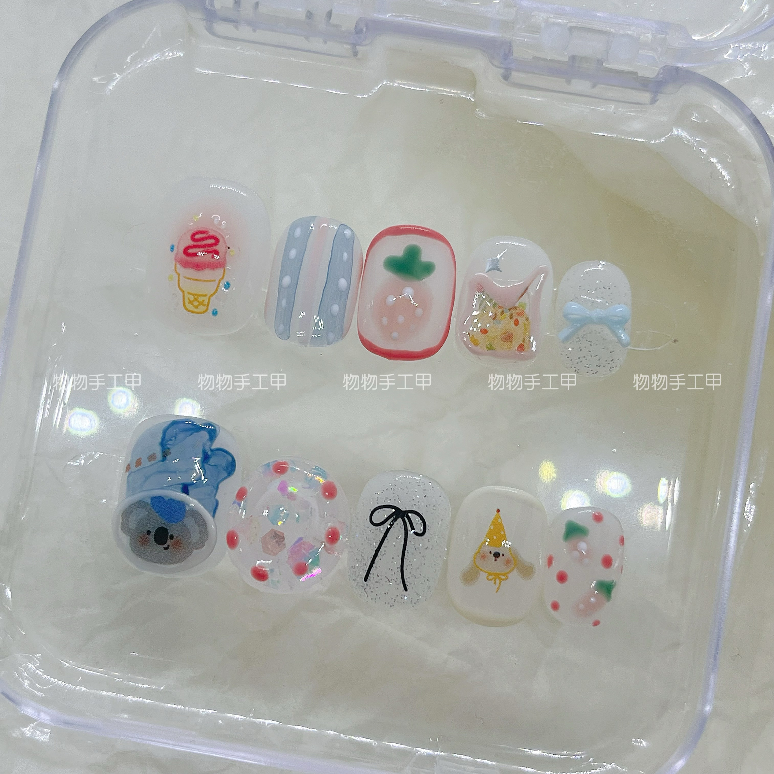 纯手工穿戴甲短方圆波点小熊韩系短甲一只考拉美甲贴片成品可拆卸