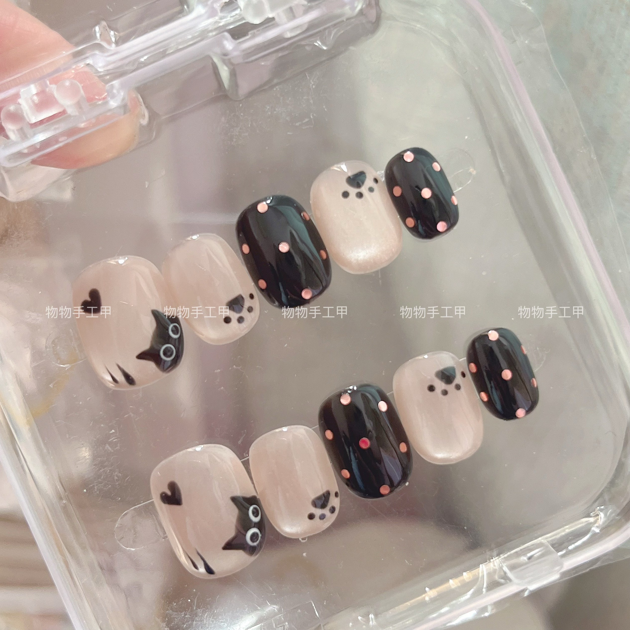 纯手工穿戴甲短圆豆豆躲猫猫冰晶猫眼设计感美甲贴片成品可拆卸