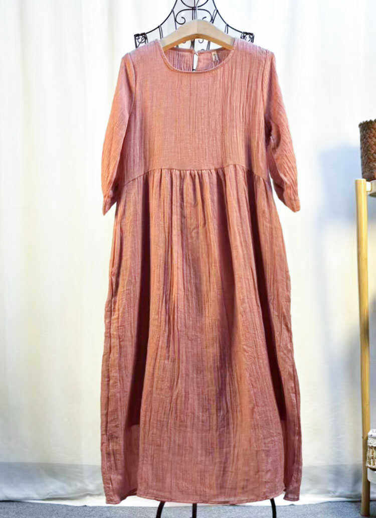 rose粉色棉麻大摆连衣裙 夏季文艺气质长裙 宽松舒适飘逸大码裙子