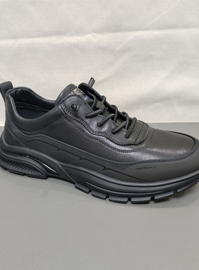 男鞋黑色皮质运动休闲鞋系带厚底防滑耐磨户外鞋