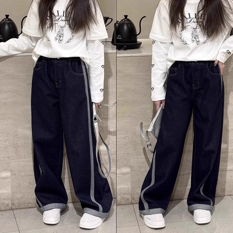 鱼儿妈 女童牛仔裤2025春装新款儿童中大童宽松阔腿裤初中生长裤