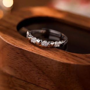 S925纯银爱心环绕戒指女简约甜美精致小清新百搭感开口可调节指环